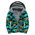 Teal Tropical Pattern Print Sherpa Lined Zip Up Hoodie