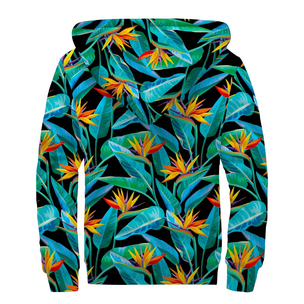 Teal Tropical Pattern Print Sherpa Lined Zip Up Hoodie
