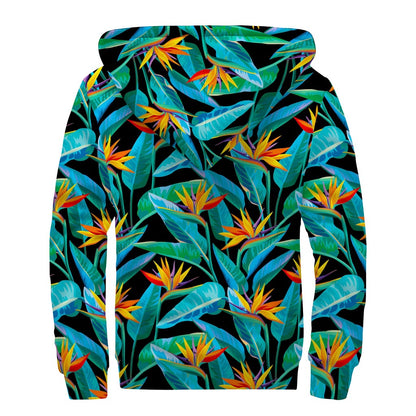 Teal Tropical Pattern Print Sherpa Lined Zip Up Hoodie