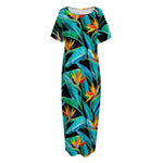 Teal Tropical Pattern Print Short Sleeve Long Nightdress