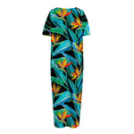 Teal Tropical Pattern Print Short Sleeve Long Nightdress