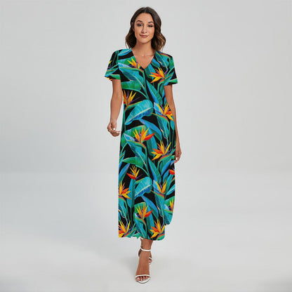 Teal Tropical Pattern Print Short Sleeve Maxi Dress