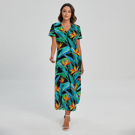 Teal Tropical Pattern Print Short Sleeve Maxi Dress
