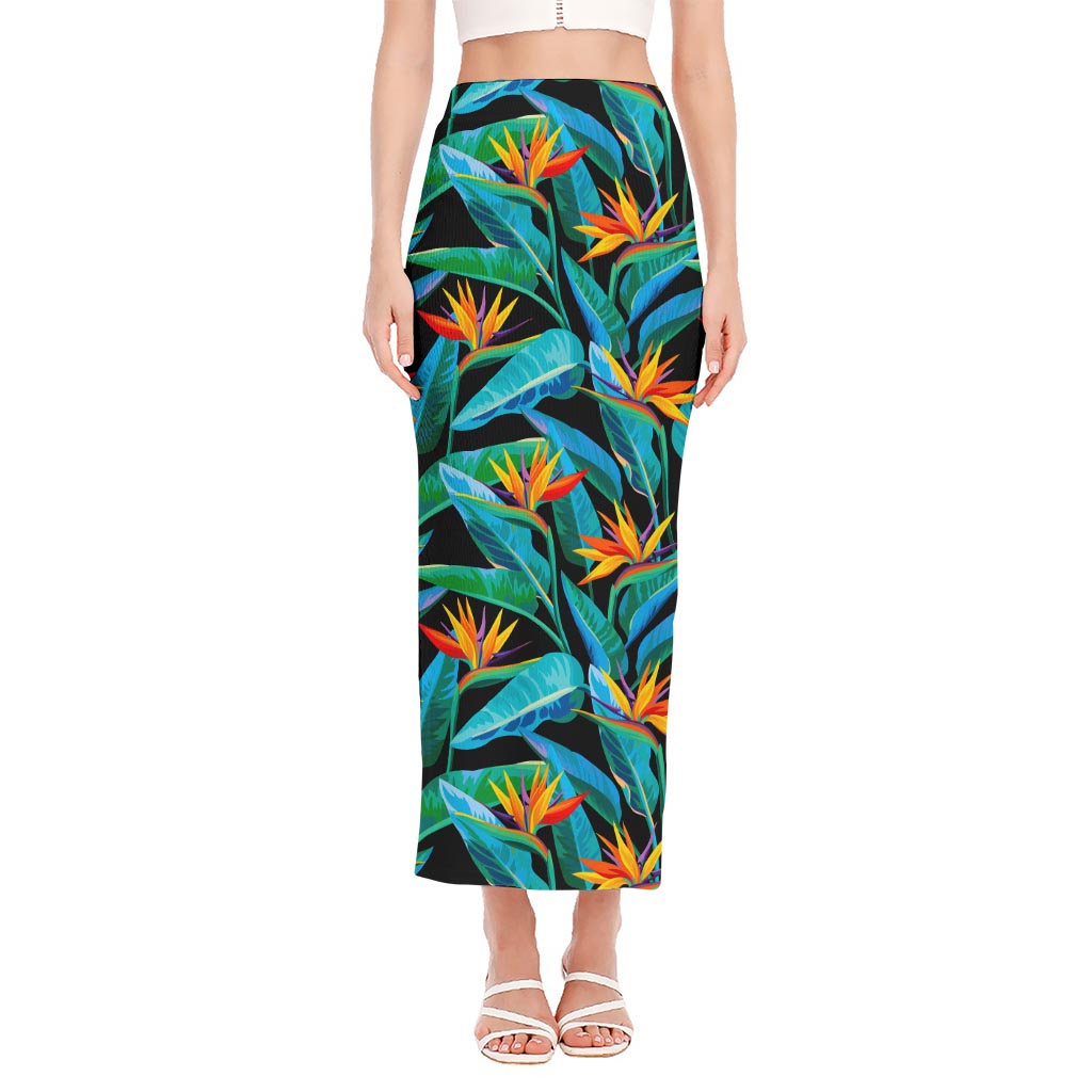 Teal Tropical Pattern Print Side Slit Maxi Skirt