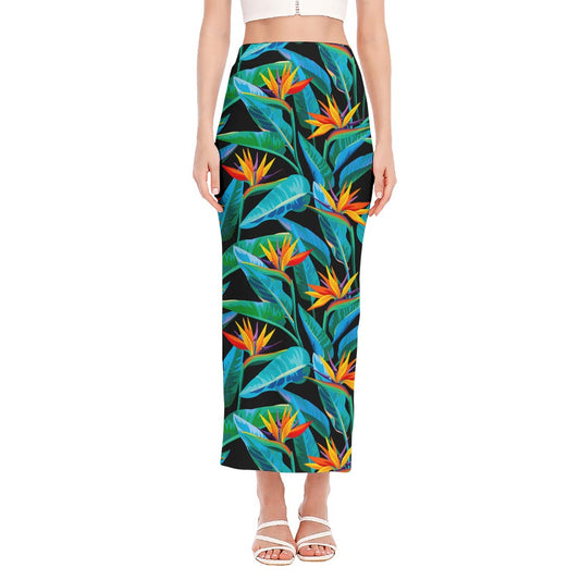 Teal Tropical Pattern Print Side Slit Maxi Skirt