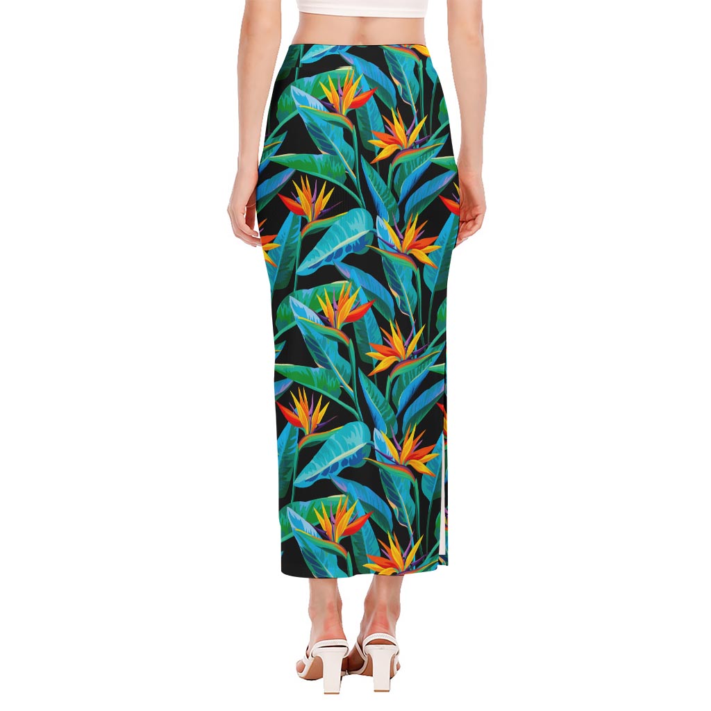 Teal Tropical Pattern Print Side Slit Maxi Skirt