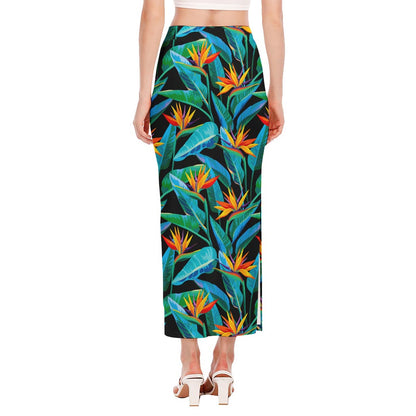 Teal Tropical Pattern Print Side Slit Maxi Skirt