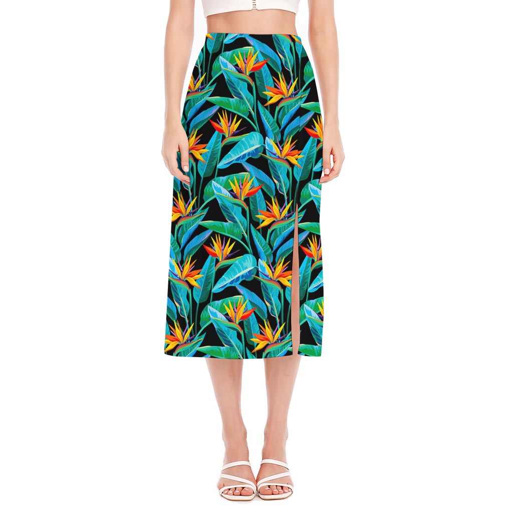 Teal Tropical Pattern Print Side Slit Midi Skirt