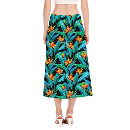 Teal Tropical Pattern Print Side Slit Midi Skirt