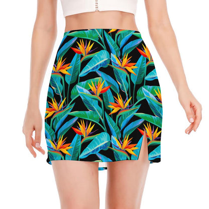 Teal Tropical Pattern Print Side Slit Mini Skirt