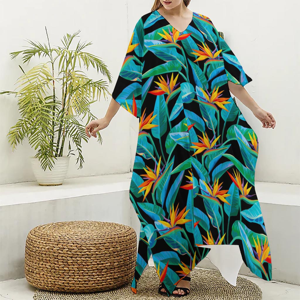 Teal Tropical Pattern Print Silk V-Neck Kaftan Dress