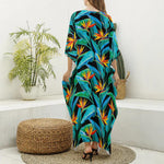 Teal Tropical Pattern Print Silk V-Neck Kaftan Dress