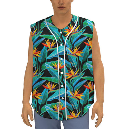Teal Tropical Pattern Print Sleeveless Baseball Jersey
