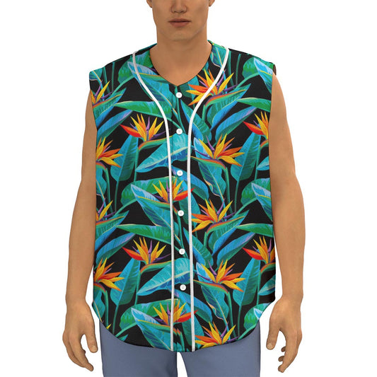 Teal Tropical Pattern Print Sleeveless Baseball Jersey