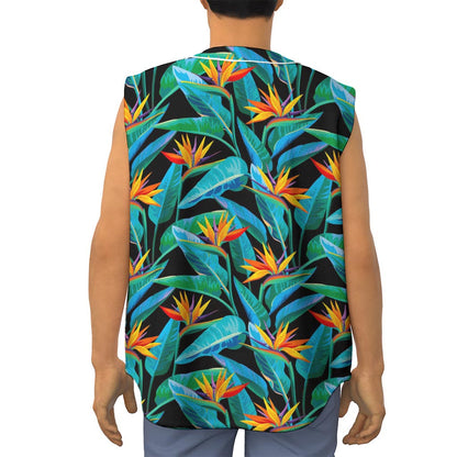 Teal Tropical Pattern Print Sleeveless Baseball Jersey