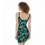 Teal Tropical Pattern Print Sleeveless Bodycon Dress