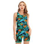 Teal Tropical Pattern Print Sleeveless One Piece Swimsuit