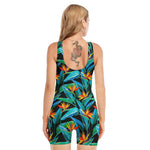 Teal Tropical Pattern Print Sleeveless One Piece Swimsuit