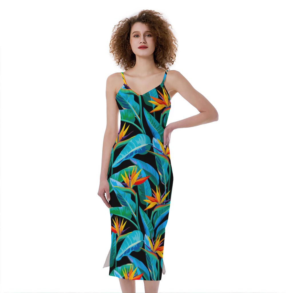 Teal Tropical Pattern Print Slim Fit Midi Cami Dress