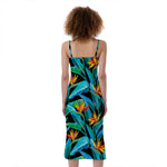 Teal Tropical Pattern Print Slim Fit Midi Cami Dress