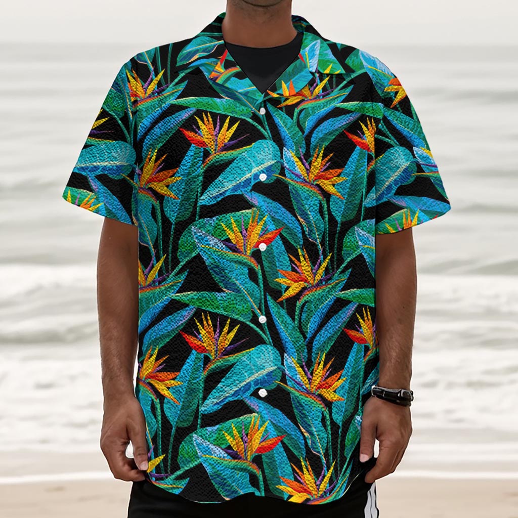 Teal Tropical Pattern Print Textured Short Sleeve Shirt