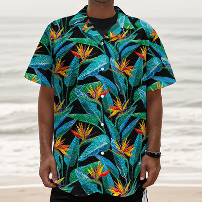 Teal Tropical Pattern Print Textured Short Sleeve Shirt