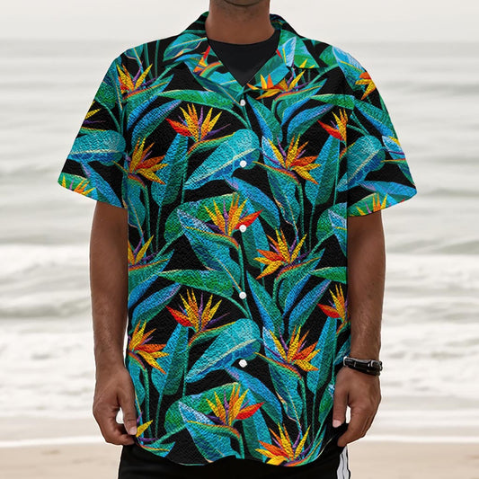 Teal Tropical Pattern Print Textured Short Sleeve Shirt