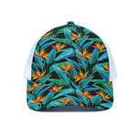 Teal Tropical Pattern Print White Mesh Trucker Cap