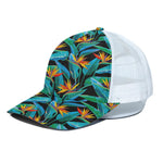 Teal Tropical Pattern Print White Mesh Trucker Cap
