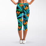 Teal Tropical Pattern Print Women's Capri Leggings
