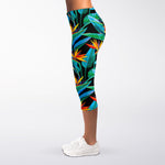 Teal Tropical Pattern Print Women's Capri Leggings