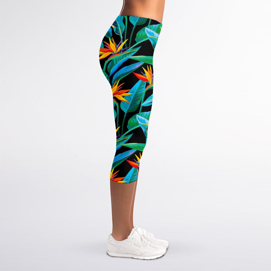 Teal Tropical Pattern Print Women's Capri Leggings