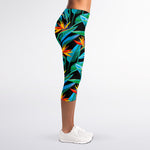 Teal Tropical Pattern Print Women's Capri Leggings