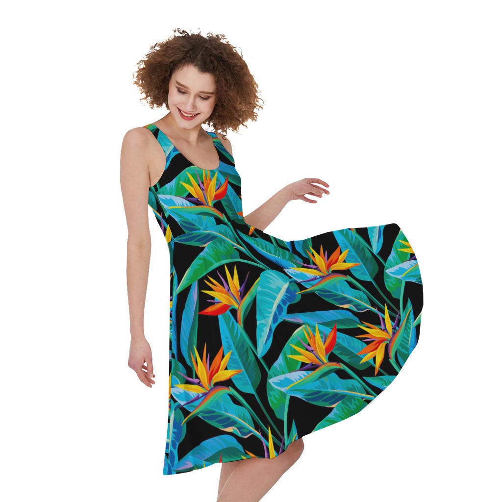 Teal Tropical Pattern Print Women's Sleeveless Dress
