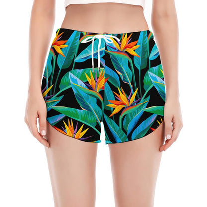 Teal Tropical Pattern Print Women's Split Running Shorts