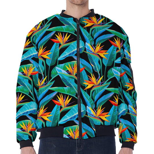 Teal Tropical Pattern Print Zip Sleeve Bomber Jacket