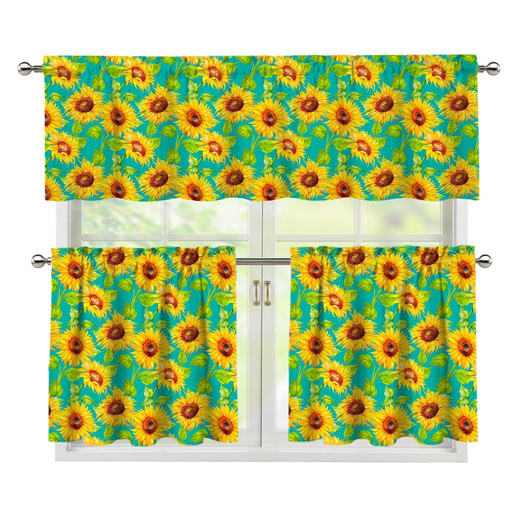 Teal Watercolor Sunflower Pattern Print 3 Piece Kitchen Curtains