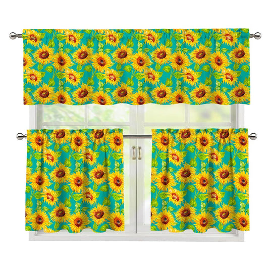 Teal Watercolor Sunflower Pattern Print 3 Piece Kitchen Curtains