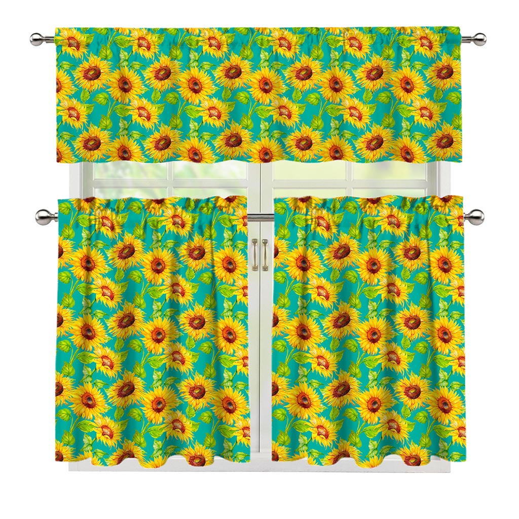 Teal Watercolor Sunflower Pattern Print 3 Piece Kitchen Curtains