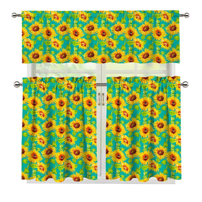 Teal Watercolor Sunflower Pattern Print 3 Piece Kitchen Curtains
