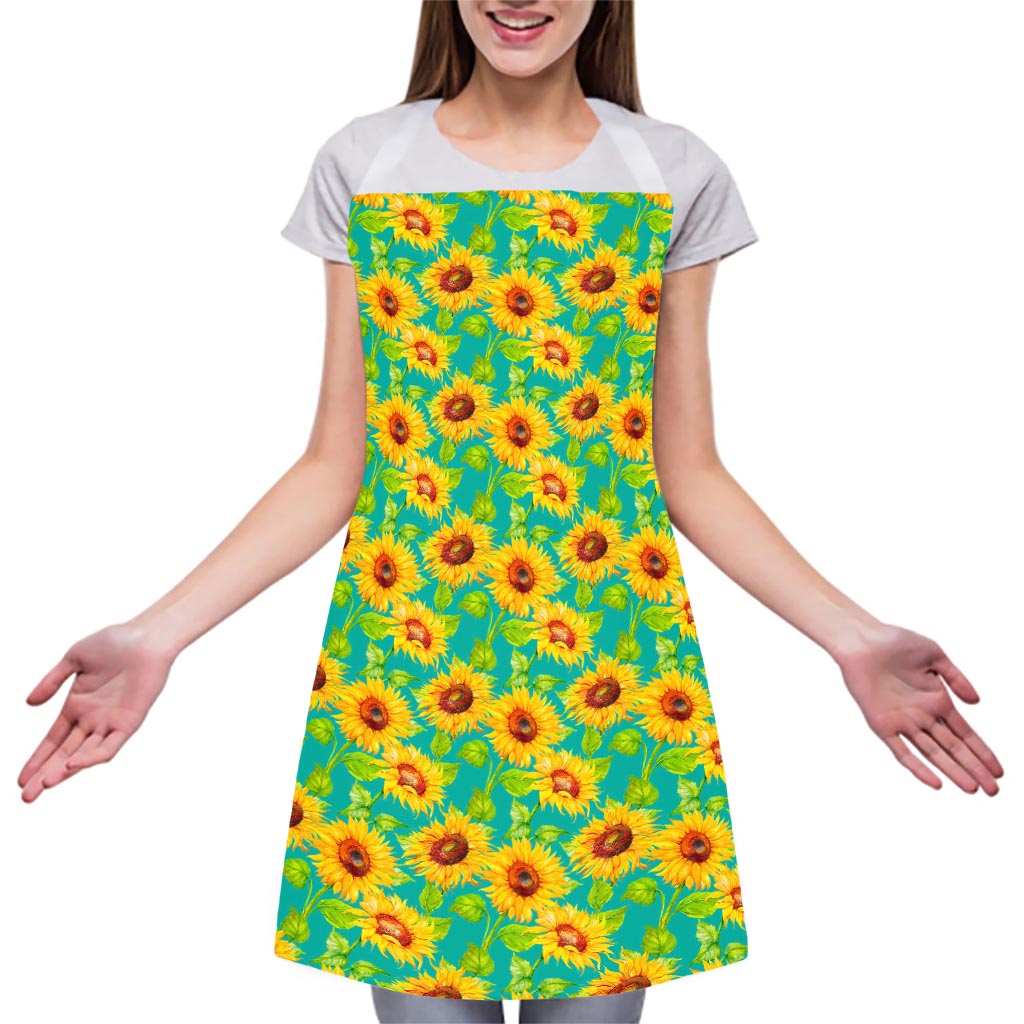 Teal Watercolor Sunflower Pattern Print Adjustable Apron