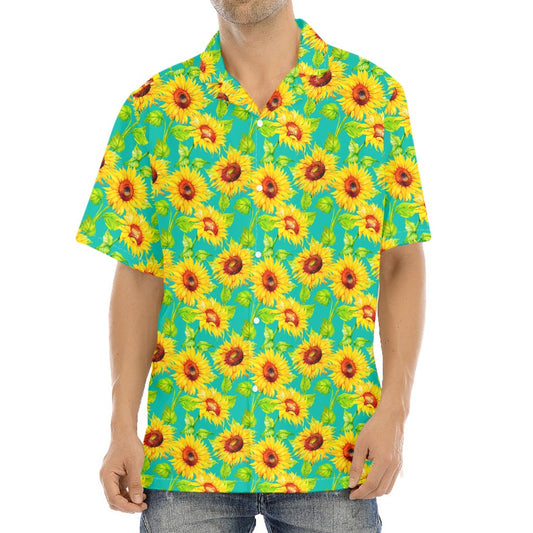 Teal Watercolor Sunflower Pattern Print Aloha Shirt