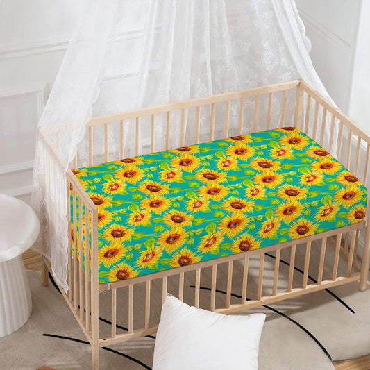 Teal Watercolor Sunflower Pattern Print Baby Crib Sheet