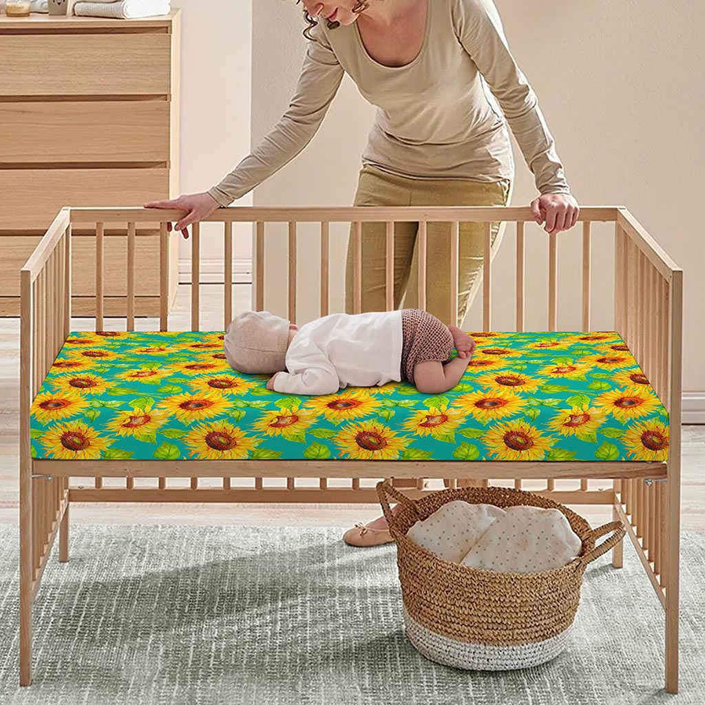 Teal Watercolor Sunflower Pattern Print Baby Crib Sheet
