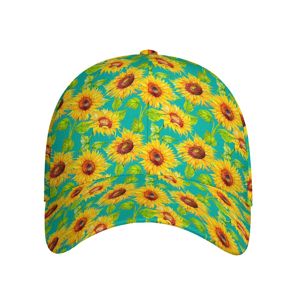 Teal Watercolor Sunflower Pattern Print Baseball Cap