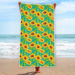 Teal Watercolor Sunflower Pattern Print Beach Towel