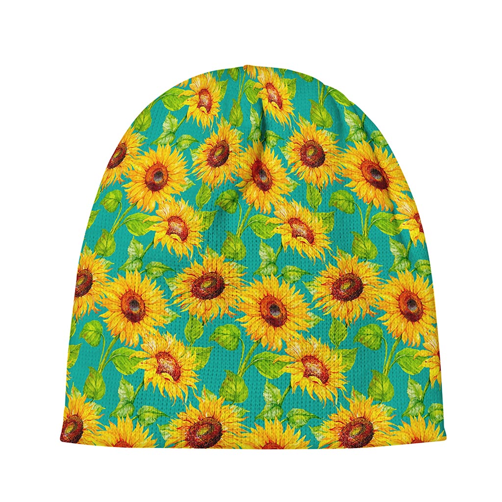 Teal Watercolor Sunflower Pattern Print Beanie