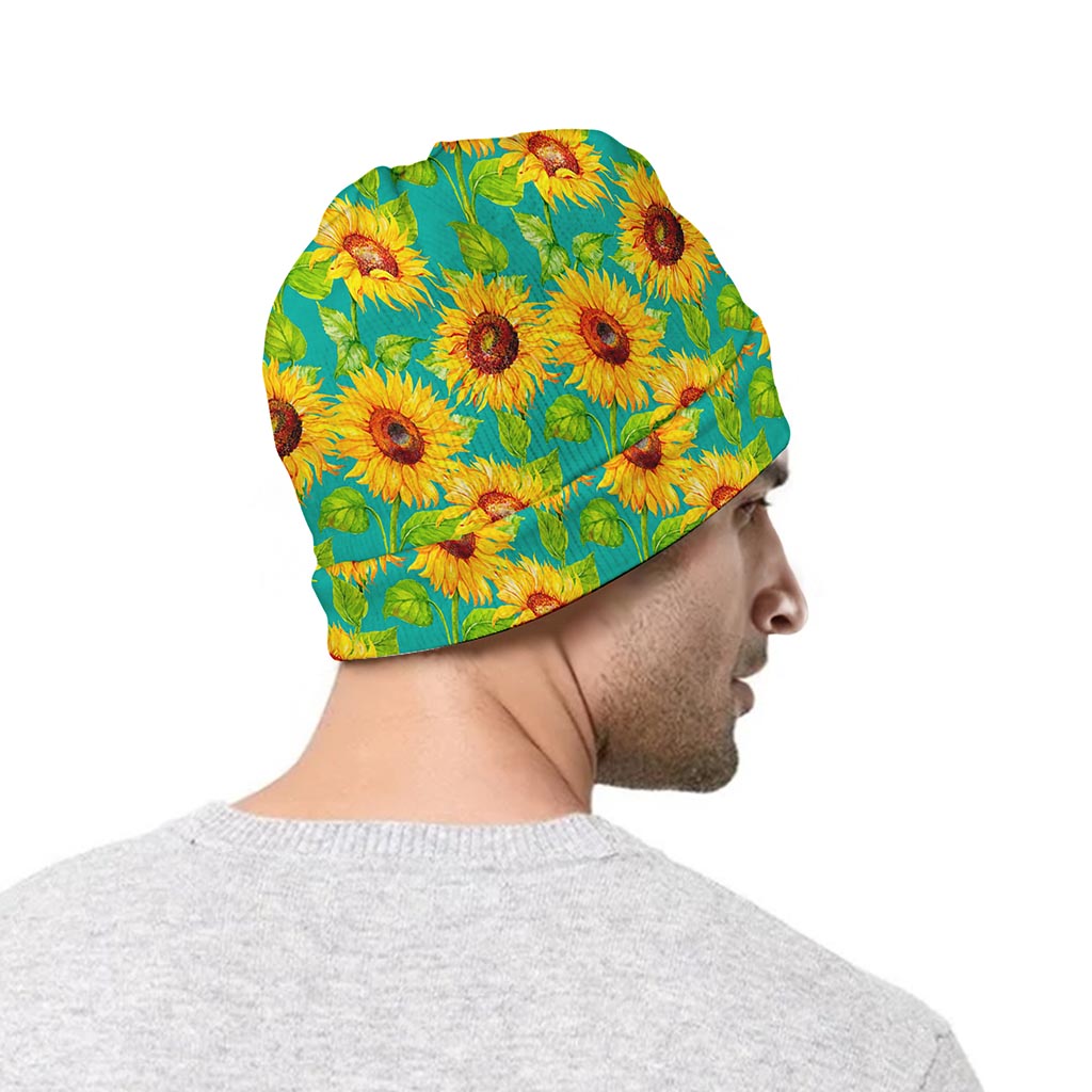 Teal Watercolor Sunflower Pattern Print Beanie