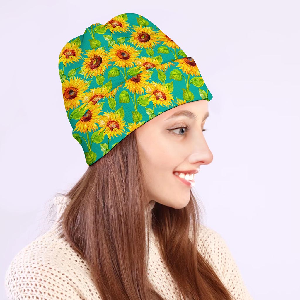 Teal Watercolor Sunflower Pattern Print Beanie