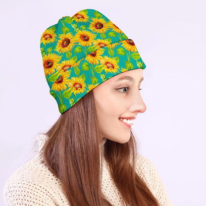 Teal Watercolor Sunflower Pattern Print Beanie